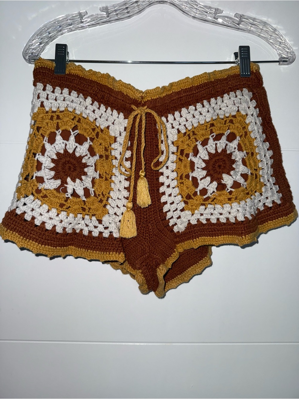 Zara Crochet Drawstring Shorts — Mustard, White & Brown